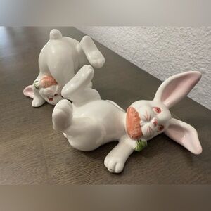 Fitz & Floyd Easter Bunnies Tumbling Figurine Pair 1978 Porcelain